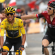 Britain’s Geraint Thomas, right, congratulates Colombia’s Egan Bernal wearing the overall leader’s yellow jersey as they crosses the finish line of the twentieth stage of the Tour de France.